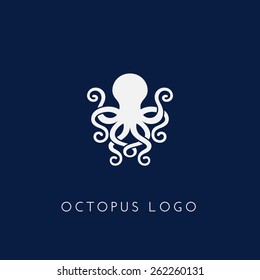 Template for logos, labels and emblems with white silhouette of octopus. Vector illustration.