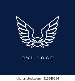 Template for logos, labels and emblems with white contour of owl. Vector illustration.