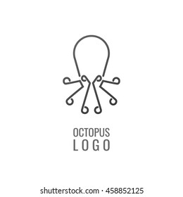 Template for logos, labels and emblems with white silhouette of octopus. Line logotype of octopus.