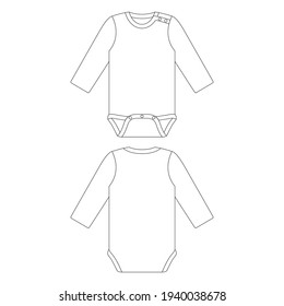 Template long sleeve shoulder button baby onesie vector illustration flat sketch design outline