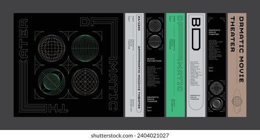 Template long ticket poster flyer flat globe line circle shape banner y2k editorial design graphic poster set typography lettering design space futuristic elements aesthetic retro print