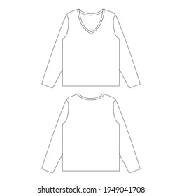 Template loose fitting long sleeve v-neck t-shirt women vector illustration flat sketch design outline