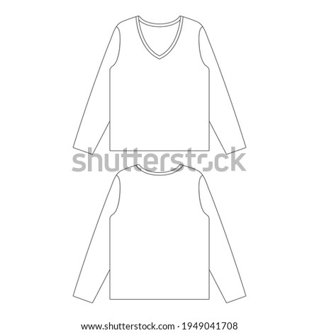 Template loose fitting long sleeve v-neck t-shirt women vector illustration flat sketch design outline