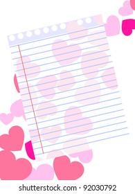 Template of a love card on pink heart shape background with blank note paper for Valentines Day and other occasions.