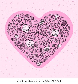 Template of love greeting card with heart and sweets on light pink background. Vector illustration.