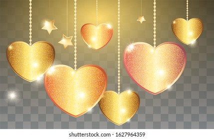 Template of Luxury greeting card for Valentines Day. SShining golden hearts hanging from above on golden threads on a transparent background.
