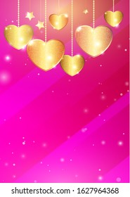 Template of Luxury greeting card for Valentines Day. Shining golden heart on a dark pink gradient background.