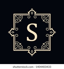 Plantilla para logotipos, monogramas y etiquetas de lujo. Marco con bordes para un restaurante, Regalías, boutique, hotel, heráldica, joyería, moda y otra Ilustración vectorial.