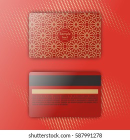 Template of luxury loyalty card with gold linear frame. Traditional eastern pattern. Front and back. Isolated, vector.