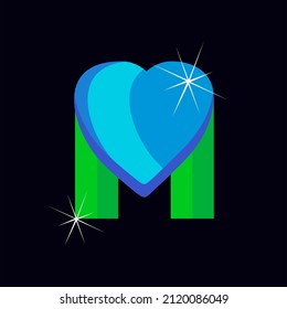 Template M heart logo design. Creative symbol concept template for company. Graphic design element. Vector