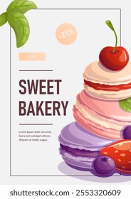 Modelo com biscoitos de macaroon e bagas para a festa, convite de aniversário, panfleto, banner de comida doce, venda. Página da Web vertical. Espaço para texto. Ilustração vetorial.