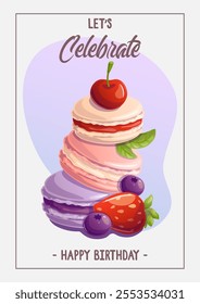 Template with macaroon cookies and berries for baking party, flyer, sweet food banner. Happy Birthday greeting card. Space for text. Vector illustration.