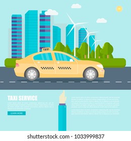 Template with the machine yellow cab in the city. Public taxi service concept. Cityscape on the background. Flat vector illustration.