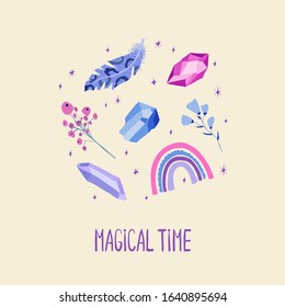 Template with magic magic elements and handwritten lettering Magical time . Mystical illustration for card, poster, flyer in a flat style. Vector