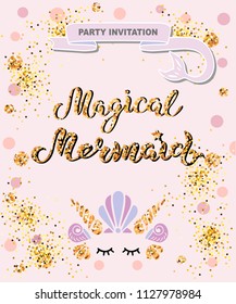 Template with Magical Mermaid. Handwritten lettering Magical, Mermaid as patch, stick cake toppers, laser cut plastic, wooden toppers. Template for invitation, birthday, greetings, Mermaid style party