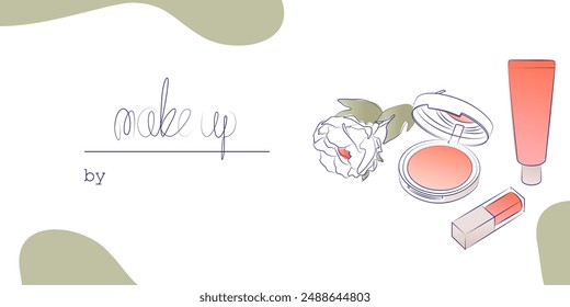 Template makeup artist business card. Sketch cosmetics lipstick face powder flower text "make up". Suitable for background beauty shop.