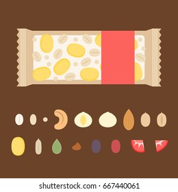 template for making granola bar illustration with ingredient such as nuts, dried fruits, seeds such as cornflakes, cashew nuts, almond, cranberry, peanut, wheat, rye, oat