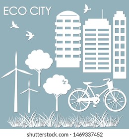 template for making illustrations. vector image for laser cutting and plotter printing. sticker windmill, Bicycle, wood, high-rise buildings. multistory building. scrapbooking