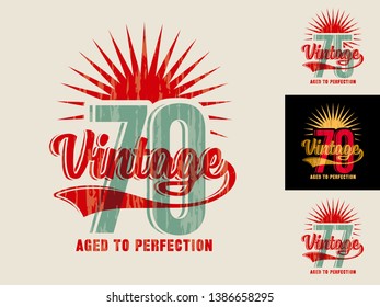 Template for making jubilee greeting card, invitation, poster, t-shirt print, etc., in vintage style with text – Aged to Perfection. For 70, 75, 77 jubilee.