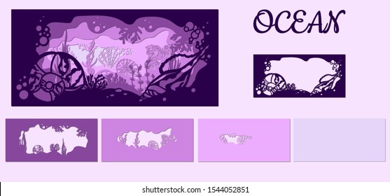 template for making a lamp or postcard. vector image for laser cutting and plotter printing. fauna with marine animals and seashell