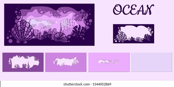 template for making a lamp or postcard. vector image for laser cutting and plotter printing. fauna with marine animals and seashell