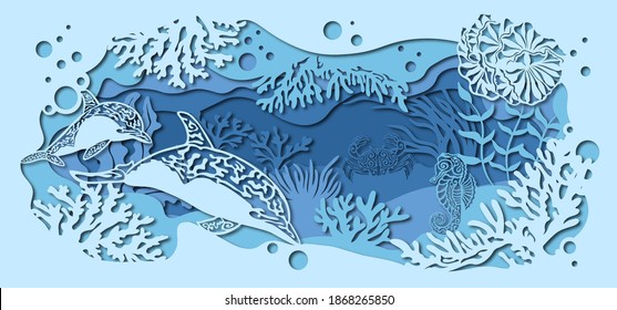 template for making a lamp or postcard. vector image for laser cutting and plotter printing. fauna with marine animals.