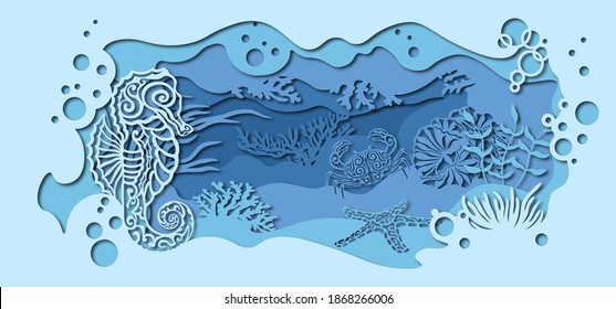 template for making a lamp or postcard. vector image for laser cutting and plotter printing. fauna with marine animals.