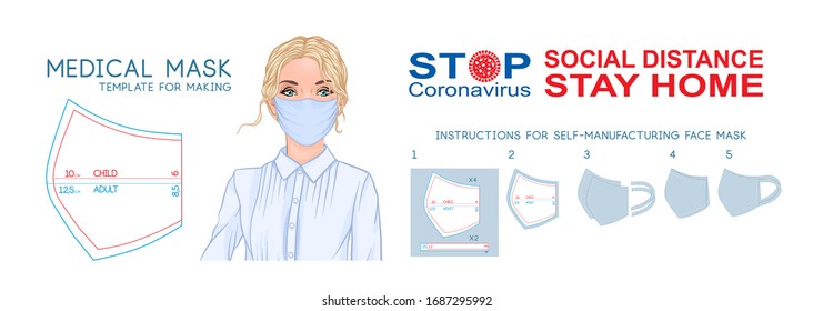 Template for making a medical mask. Instructions for self-manufacturing face mask. Handmade work. Vector illustration..