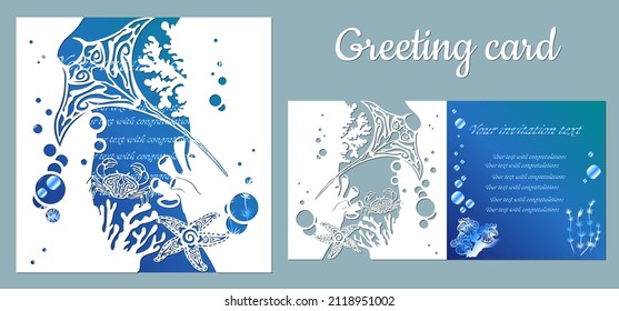 template for making a postcard. vector image for laser cutting and plotter printing. fauna with marine animals