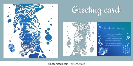 template for making a postcard. vector image for laser cutting and plotter printing. fauna with marine animals