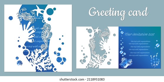 template for making a postcard. vector image for laser cutting and plotter printing. fauna with marine animals