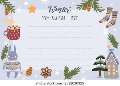  Template for making a wish list. Design of wish list is decorated with cute winter elements.Vector