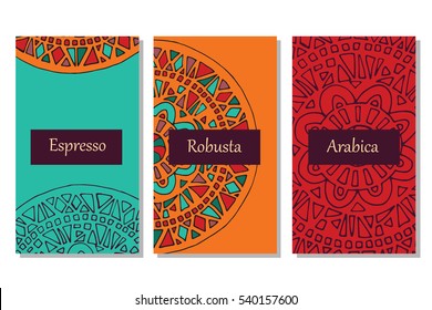 Template with mandala for coffee package, cards, invitations and coloring book. Unusual pack decoration in india style