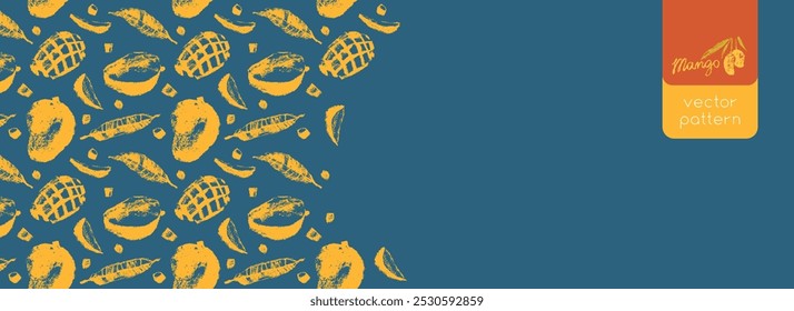 Template mango banner design with vector tropical fruits pattern. Tropical fruit drawings. Color sketches of organic mangoes. Exotic fruit ornament. Mangos label background.