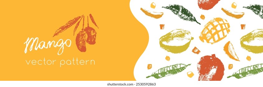 Template mango banner design with vector tropical fruits pattern. Tropical fruit drawings. Color sketches of organic mangoes. Exotic fruit ornament. Mangos label background.