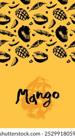 Template mango label design with vector tropical fruits pattern. Tropical fruit drawings. Color sketches of organic mangoes. Exotic fruit ornament. Mangos banner background.