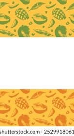 Template mango label design with vector tropical fruits pattern. Tropical fruit drawings. Color sketches of organic mangoes. Exotic fruit ornament. Mangos banner background.