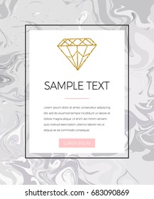 Template with marble background, place for text and decorative gold glitter diamond shape