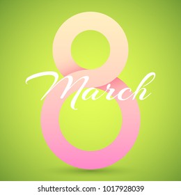 Template for March 8. International happy women's day. Big pink number 8 on a light green background. Background for 8 march. Vector illustration. EPS 10