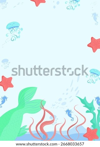 The template is a marine-style frame. A marine theme with fish, seahorses, algae, and jellyfish.  A frame with characters in a children's flat world.