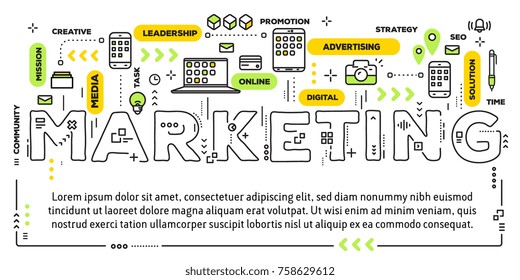 Template of marketing  technology with text. Vector creative illustration of marketing word lettering typography with line icons and tag cloud on white background. Thin line art style banner design