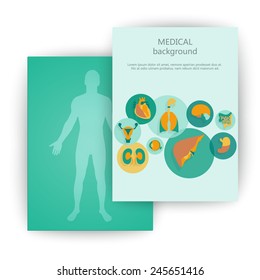 Template of medical background. Silhouette of a man and internal organs. Vector illustration.