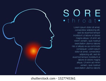 Template for medical brochure Sore throat with text space. Woman silhouette throat irritation, sore throat, symptom of flu, health problems. Vector illustration in neon light style, concept human head