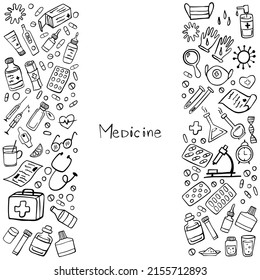 Template Medicine frame doodle set on white. Health care, pharmacy icons. Vector illustration.