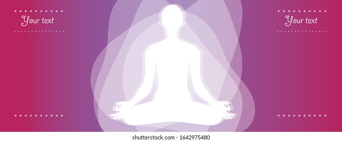 Template For Meditation Flyer, Beautiful Purple Colored Background With The White Yoga Figure. Vector Graphic With Silhouette Of Yoga Woman With Gradient And Abstract White Clouds. Card, Poster, Flyer