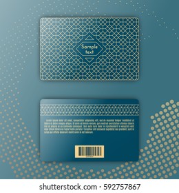 Template Of Membership Or Loyalty Card. Luxury Gold Geometric Pattern. Eastern Style Element. Front And Back. Vector. Dotted Backdrop.