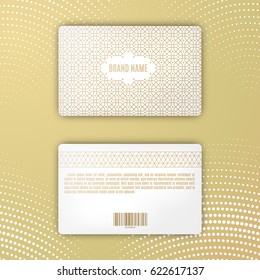 Template of membership or loyalty card. Luxury gold geometric pattern. Eastern style element. Front and back. Vector. Dotted backdrop.