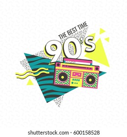 Template memphis poster or invitation for carnival with geometric ornaments elements. Back to the 90's. Vector background in trendy 80s-90s.