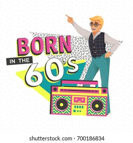 Template memphis poster or invitation for carnival with geometric ornaments elements. Back to the 90's. Vector background in trendy 80s-90s.