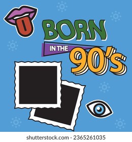 Template memphis poster with photo frame, lips and geometric ornaments elements. Back to the 90 s. Vector background in trendy 80s-90s.